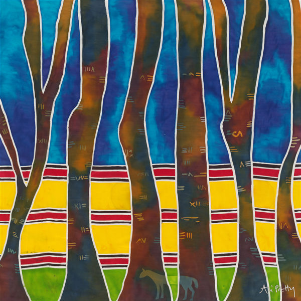 Pattern of tree trunks on a yellow and blue striped background