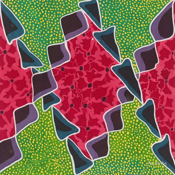 Red and green jagged pattern on silk