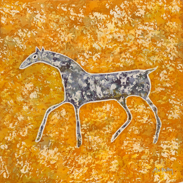 Pattern of a grey mottled horse on a mustard yellow background