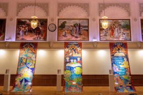 Silk banners on display at Neasden Temple