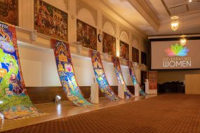 Silk banners on display at Neasden Temple