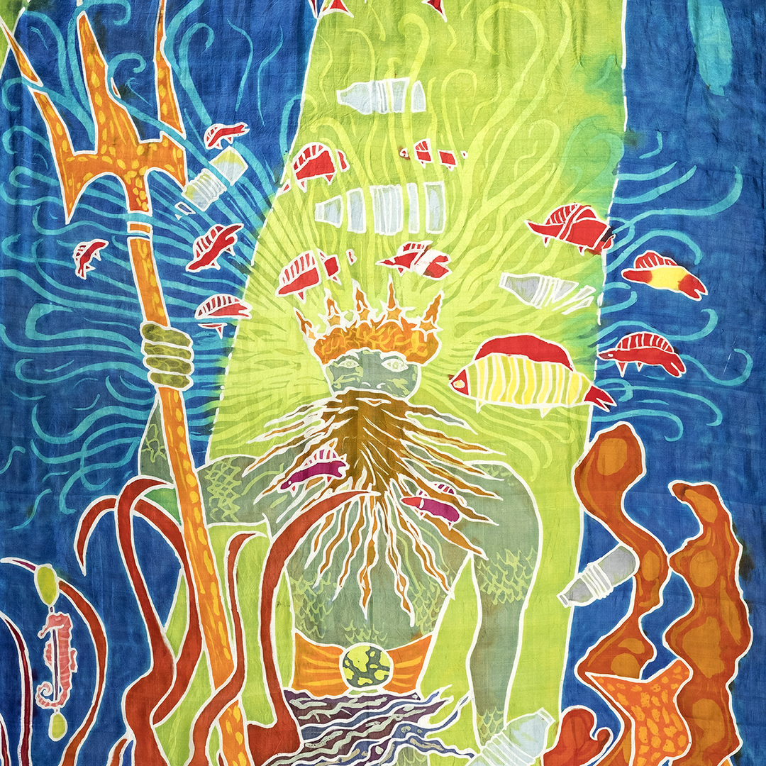 Illustration of underwater god neptune surrounded by fish and plastic bottles