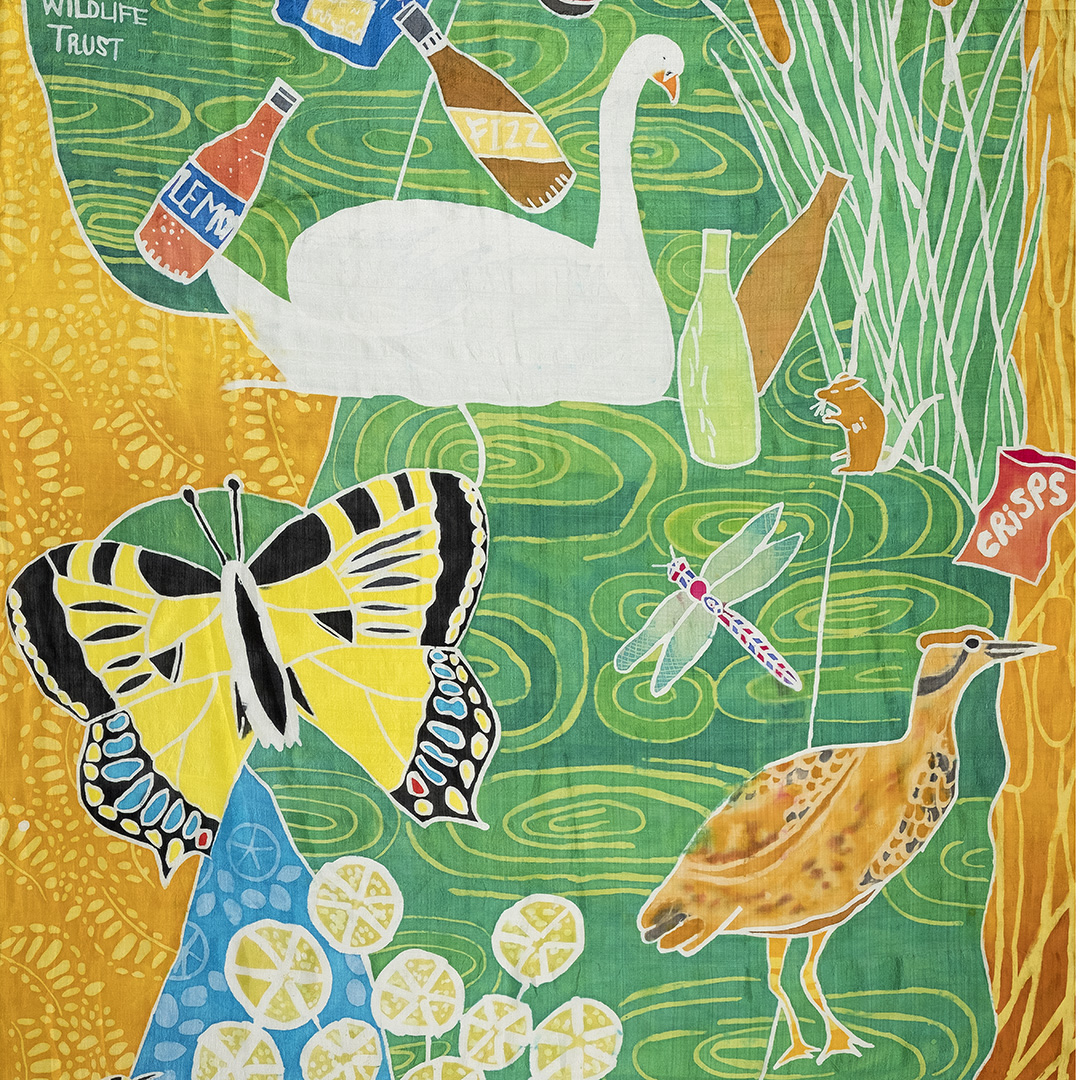 Illustration of water fowl and a yellow butterfly amongst discarded food packaging