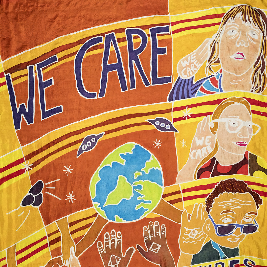 Illustration of the world and three people with the words 'We care'