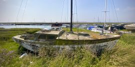 Boat awaiting restoration on the River Crouch credit Kevin Rushby