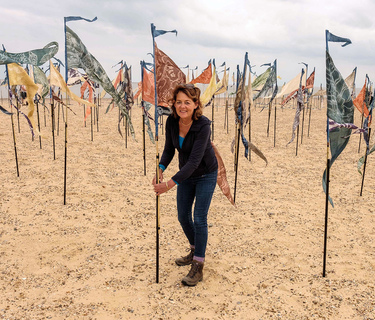 Ali Pretty surrounded by flags on Lowestoft beach