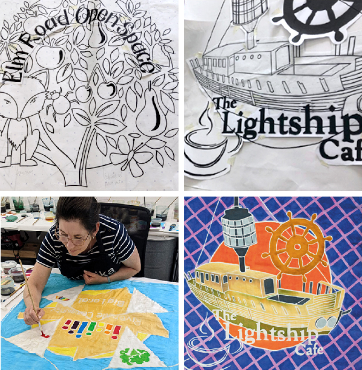 Group of 4 images showing how line drawings are made into flags