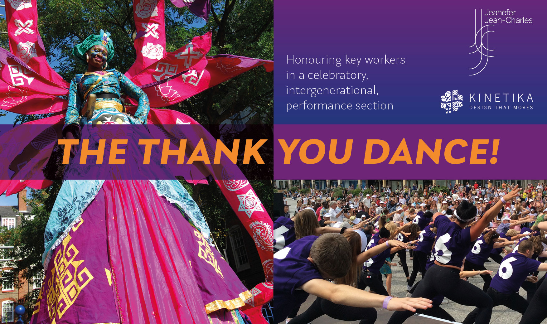 Composite image about the Thank you dance, showing a tall pink carnival costume and a group of dancers in purple t-shirts