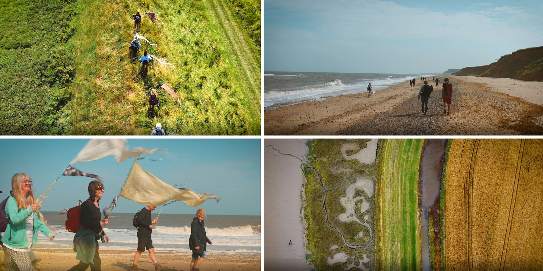 4 images of walkers in coastal landscape 