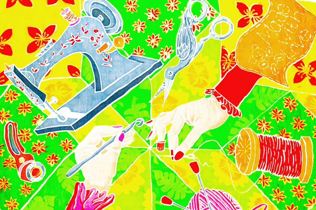 Bright green and yellow batik illustration of sewing items by Sarah Doyle
